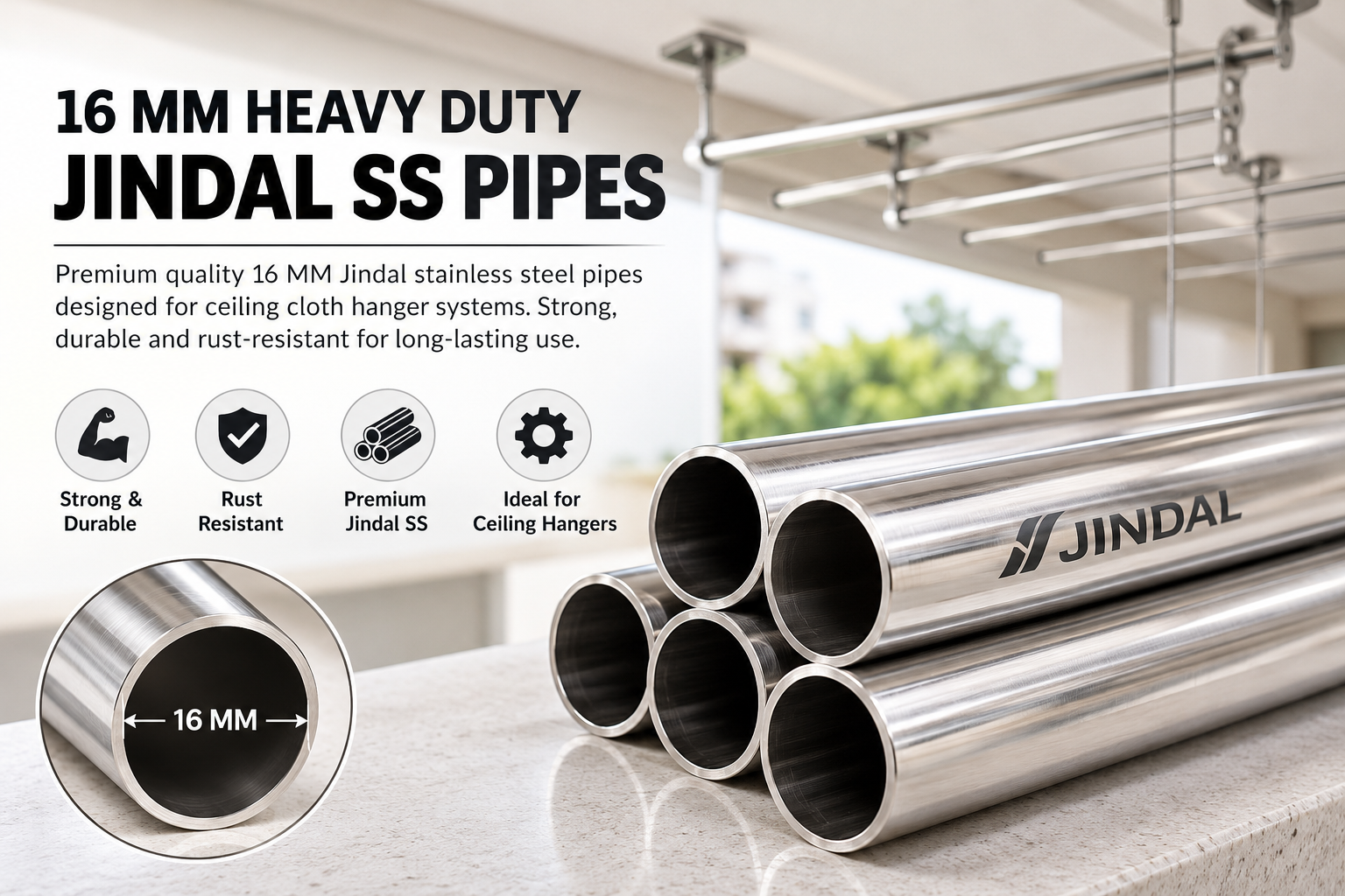 16 MM Heavy Duty Jindal SS Pipes